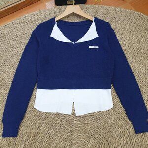 💙 Navy Blue Layered Look V-Neck Knit Sweater White Shirt Hem Top